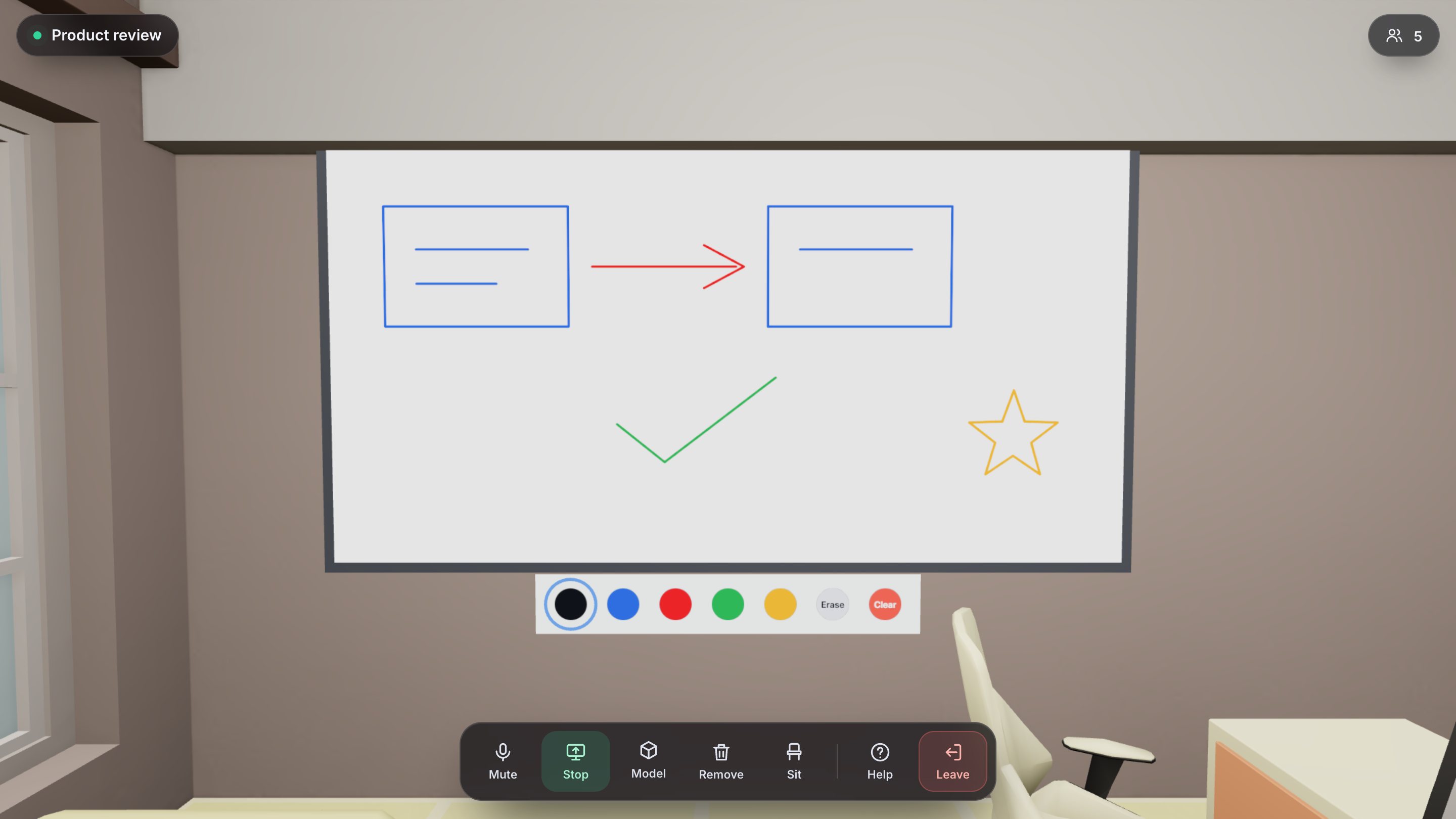 The shared whiteboard with a flow sketch and a star drawn by two people.